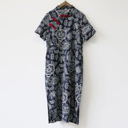 Buddha Stones Blue White Flower Frog-button Cheongsam Dresses Short Sleeve Linen Dresses With Pockets 19