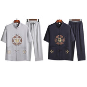 Buddha Stones Fu Character Tang Suit Hanfu Traditional Uniform Short Sleeve Top Pants Clothing Men's Set Men's Meditation Cloth BS 30