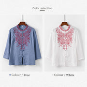 Buddha Stones Flower Embroidery Frog-button Design Shirt Top Linen Clothing