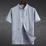 Buddha Stones Frog-Button Fu Character Dragon Bamboo Leaf Chinese Tang Suit Short Sleeve Shirt Linen With Pockets