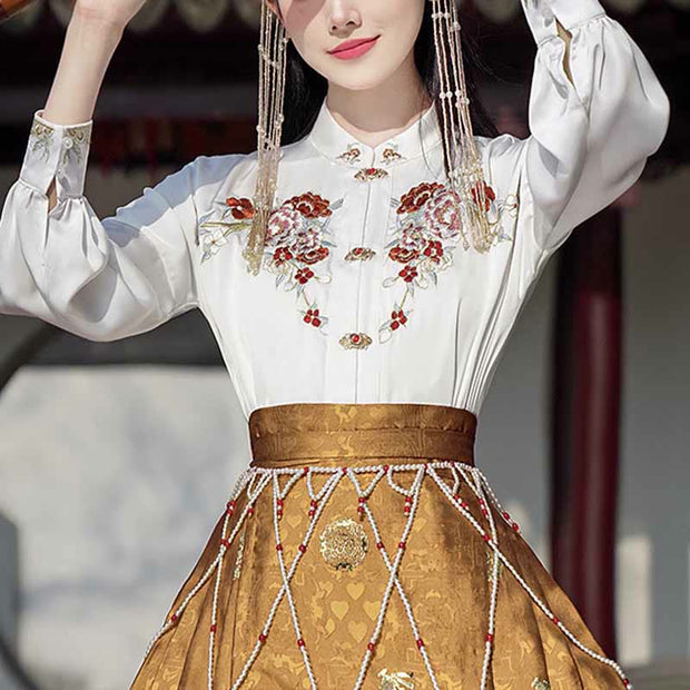 Buddha Stones Golden Flower Phoenix Embroidery Long Sleeve Shirt Top Chinese Hanfu Ming Dynasty Horse Face Skirt Mamianqun Skirt 3