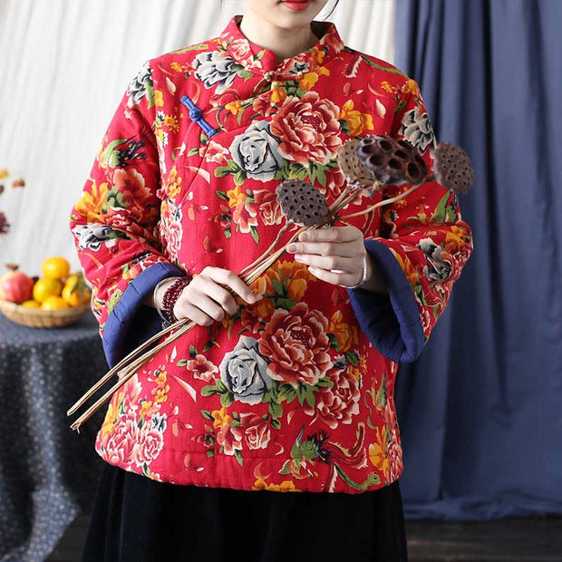 Buddha Stones Flowers Cotton Linen Jacket Shirt Chinese Northeast Style Winter Clothing