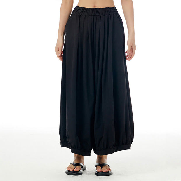 Buddha Stones Solid Color Loose Elastic Waist Wide Leg Pants With Pockets 16