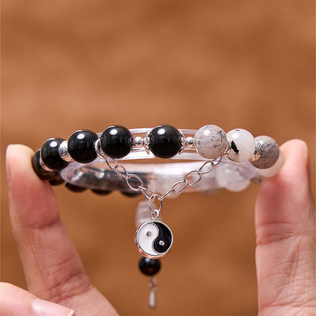 Buddha Stones Silver Sheen Obsidian Crackle Clear Quartz Black Rutilated Quartz Yin Yang Lotus Protection Bracelet