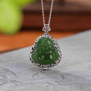 Buddha Stones 925 Sterling Silver Natural Hetian Cyan Jade Laughing Buddha Auspicious Clouds Success Necklace Pendant Ring Set Bracelet Necklaces & Pendants BS 2