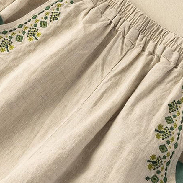 Buddha Stones Vintage Embroidery Elastic Waist Harem Pants With Pockets Harem Pants BS 13