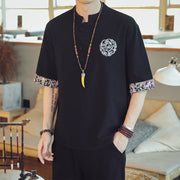 Buddha Stones Frog-Button Dragon Embroidery Chinese Tang Suit Short Sleeve Shirt Linen Men Clothing