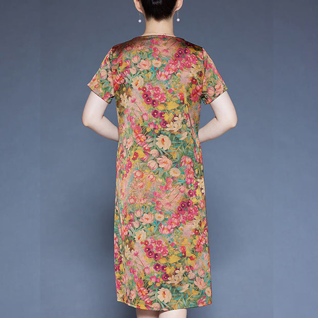 Buddha Stones V-Neck Green Red Peony Colorful Flowers Short Sleeve Midi Dress With Pockets