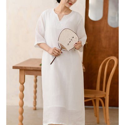 Buddha Stones Vintage Solid Color Half Sleeve Ramie Linen Chinese Cheongsam Midi Dress With Pockets