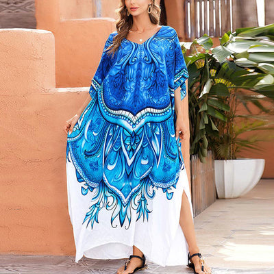 Buddha Stones Summer Boho Blue White Print Maxi Dress Cover-Up Slit Design