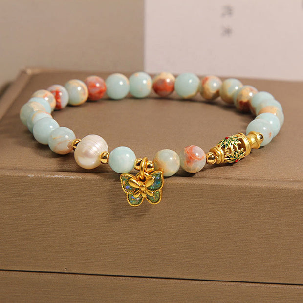 Buddha Stones Pearl Butterfly Wealth Armband Handwerkskunst