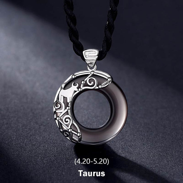 Buddha Stones 12 Constellations of the Zodiac Ice Obsidian Blessing Round Pendant Necklace Necklaces & Pendants BS Taurus