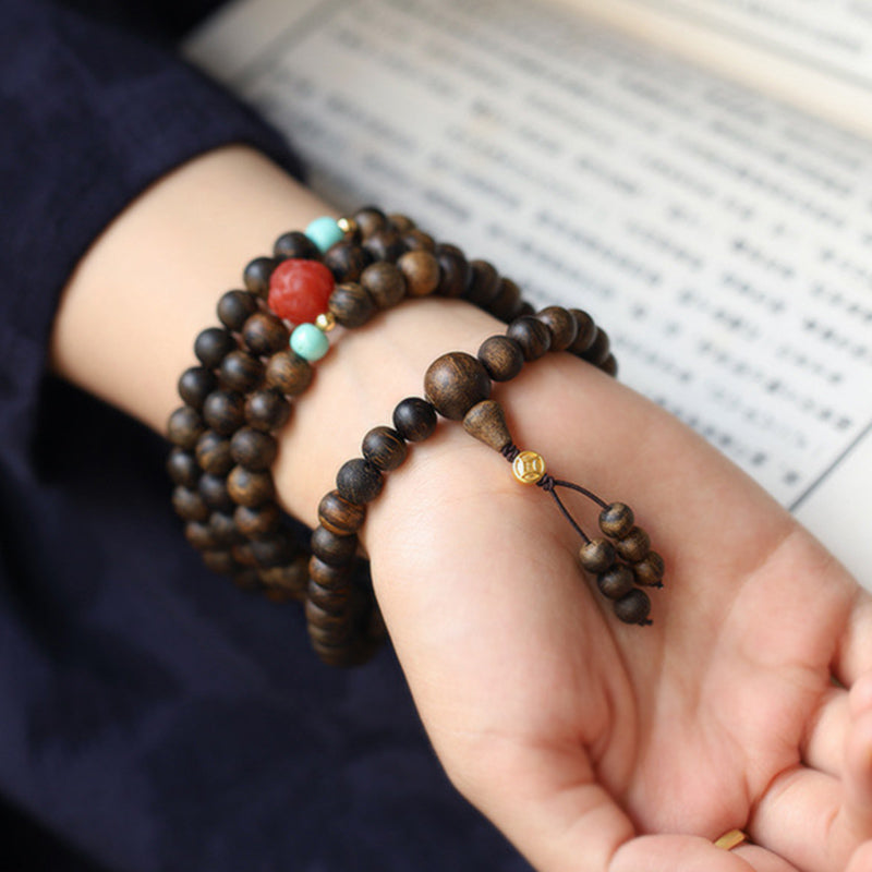 Buddha Stones 108 Mala Beads Agarwood Red Agate Turquoise