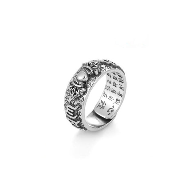 Buddha Stones Tibetan 990 Sterling Silver Om Mani Padme Hum PiXiu Dorje Vajra Heart Sutra Engraved Wealth Ring