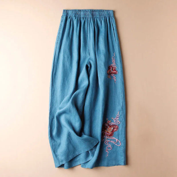 Buddha Stones Women Casual Loose Cotton Linen Embroidery Wide Leg Pants With Pockets Women's Wide Leg Pants BS Blue 3XL(Waist 78-108cm/Hips 126cm/Length 100cm)