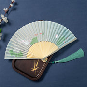 Buddha Stones Lotus Begonia Flower Jasmine Handheld Silk Bamboo Folding Fan 21cm 5