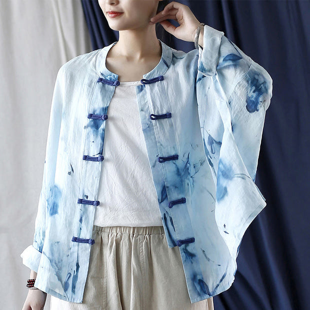 Buddha Stones Tie Dye Blue Flowers Frog-Button Design Long Sleeve Ramie Linen Jacket Shirt