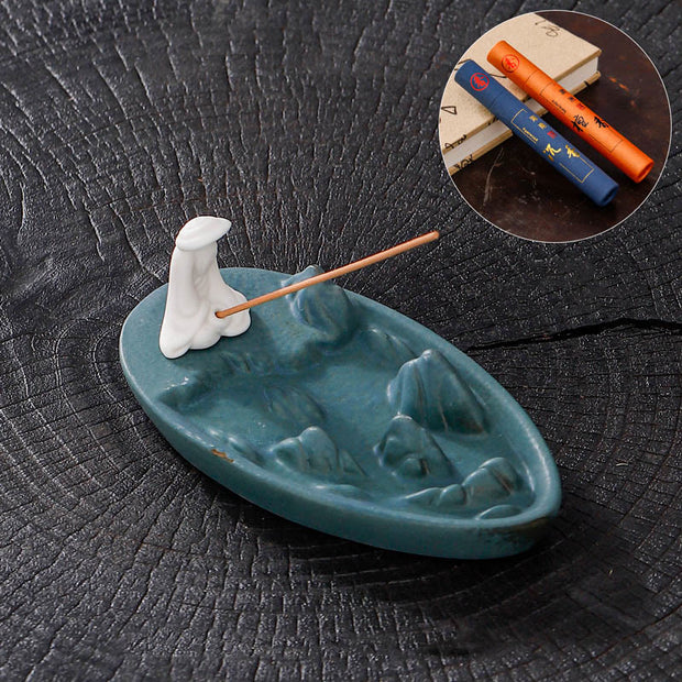 Buddha Stones Fisherman Mountains Zen Healing Ceramic Stick Incense Burner Decoration Incense Burner BS Blue 14*7.5*2.8cm