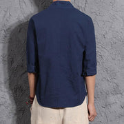 Buddha Stones Casual V-Neck Three Quarter Sleeve Shirt Cotton Linen Men Clothing