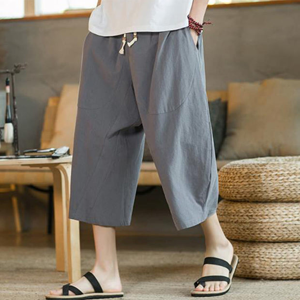 Buddha Stones Solid Color Mid-length Linen Men's Wide Leg Pants With Pockets