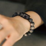 Buddha Stones Silver Sheen Obsidian Ebony Wood Soothing Bracelet
