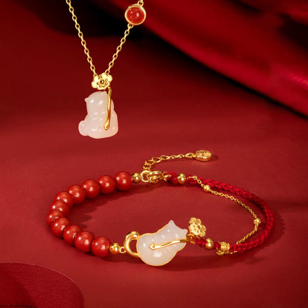 Buddha Stones 925 Sterling Silver Plated 18K Gold Hetian Jade Ruyi Cat Cinnabar Luck Bracelet Necklace Pendant Set