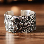 Buddha Stones 999 Sterling Silver Dragon Carved Pattern Protection Success Ring