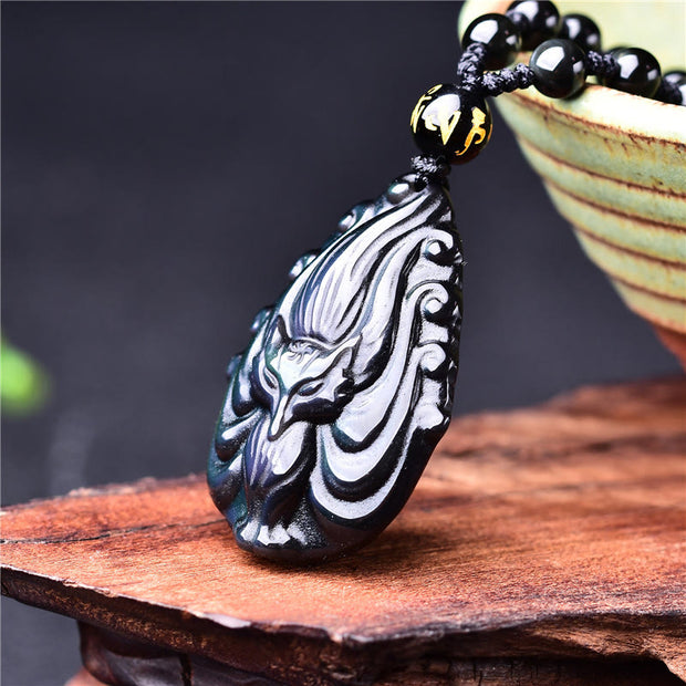 Buddha Stones Natural Rainbow Obsidian Nine Tailed Fox Inner Peace Necklace Beaded String Pendant Necklaces & Pendants BS 7