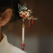 Buddha Stones Classical Chinese Style Flower Branche Butterfly Pearl Tassel Hair Clip Hair Comb Hair Crown