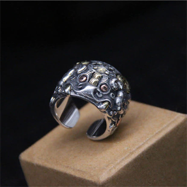 Buddha Stones 925 Sterling Silver Fengshui Kui Cattle Protection Adjustable Ring