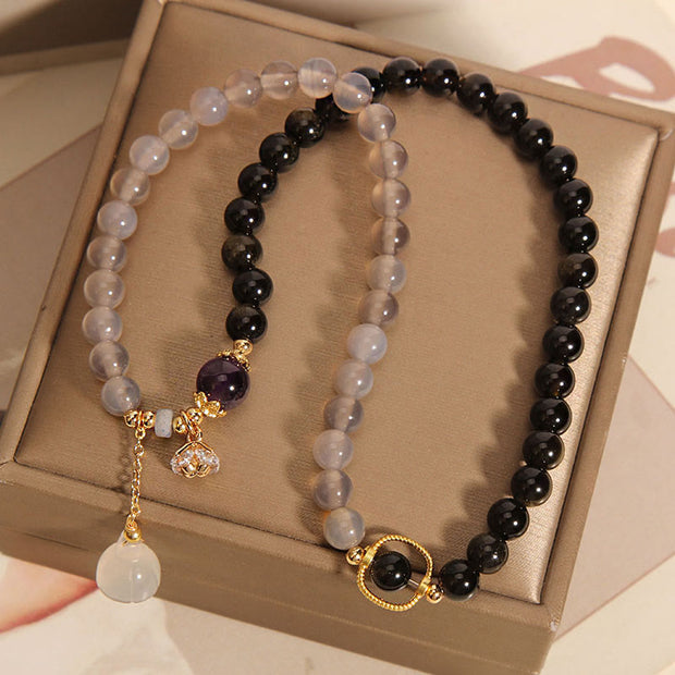 Buddha Stones Gold Sheen Obsidian Gray Agate Lotus Charm Strengthen Double Wrap Bracelet Bracelet BS 3
