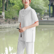 Buddha Stones 2Pcs Women's Short Sleeve Shirt Top T-Shirt Pants Meditation Zen Tai Chi Cotton Linen Clothing Set Women's Meditation Cloth BS White(Top&Pants) 6XL(Bust 128cm/Waist 78-114cm/Hips 134cm)