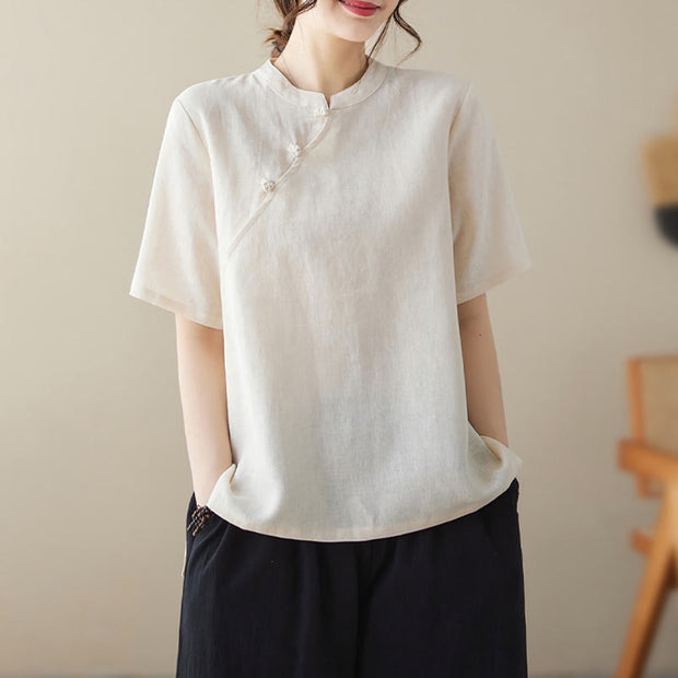 Buddha Stones Solid Color Frog-Button Short Sleeve Cotton Linen Shirt