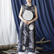 Buddha Stones Ancient Ramie Linen Flowers Printing Cheongsam Dresses Sleeveless Dress