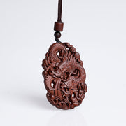 Buddha Stones Lightning Struck Jujube Wood Double Dragon Relief Ward Off Evil Spirits Necklace Pendant Necklaces & Pendants BS 7