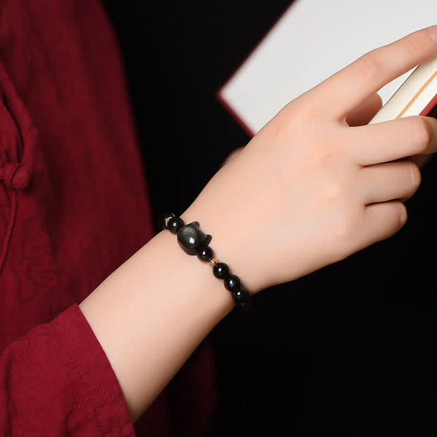 Buddha Stones Gold Sheen Obsidian Silver Sheen Obsidian Lovely Paw Lucky Cat Protection Bracelet