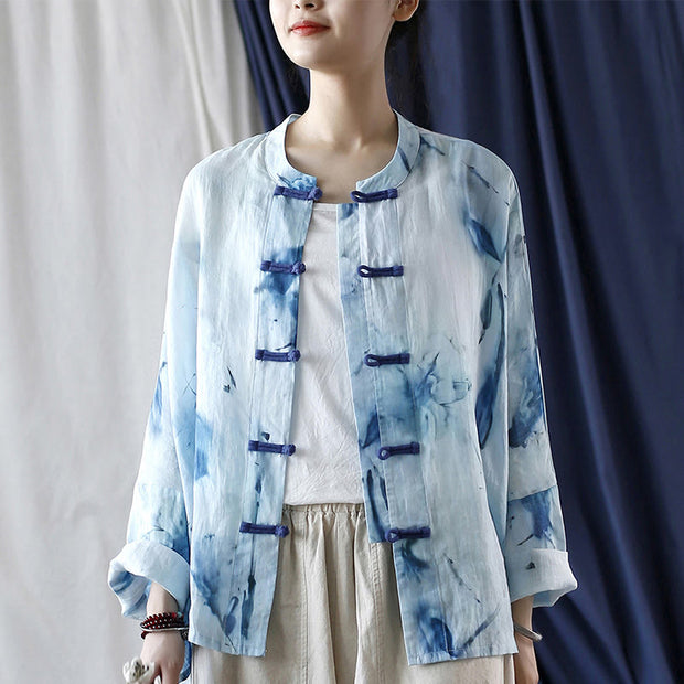 Buddha Stones Tie Dye Blue Flowers Frog-Button Design Long Sleeve Ramie Linen Jacket Shirt 17