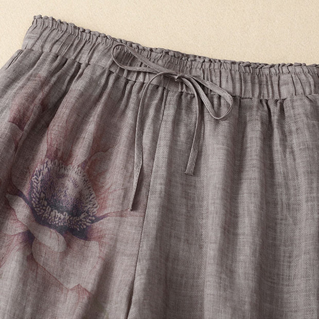 Buddha Stones Floral Print High Waist Cotton Linen Drawstring Wide Leg Pants With Pockets 9