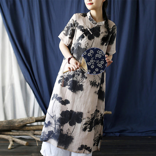 Buddha Stones Ramie Linen Ink Lotus Leaf Cheongsam Dresses Short Sleeve Dress 17
