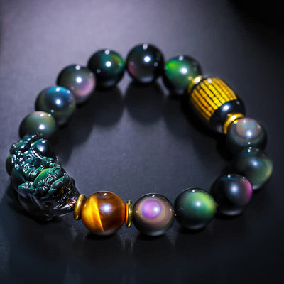 Buddha Stones FengShui PiXiu Rainbow Obsidian Black Onyx Tiger Eye Positive Bracelet Bracelet BS 18mm