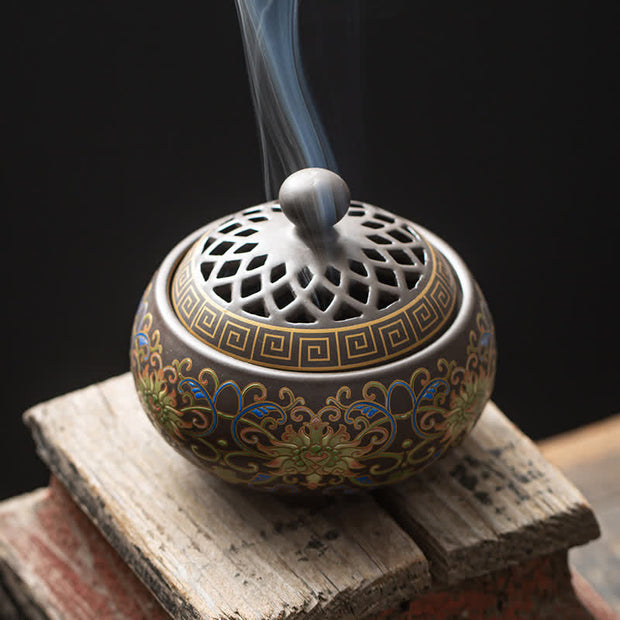 Buddha Stones Tibetan Floral Pattern Ceramic Blessing Incense Burner Decoration (Extra 35% Off | USE CODE: FS35) - Brown 10*10*8.7cm - image 1