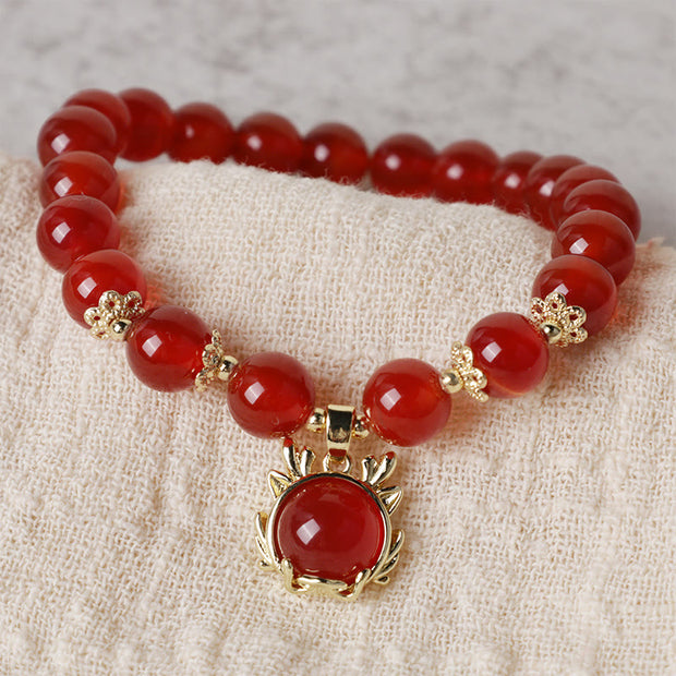Buddha Stones Year of the Dragon Red Agate Jade Peace Buckle Fu Character Success Bracelet Bracelet BS 12