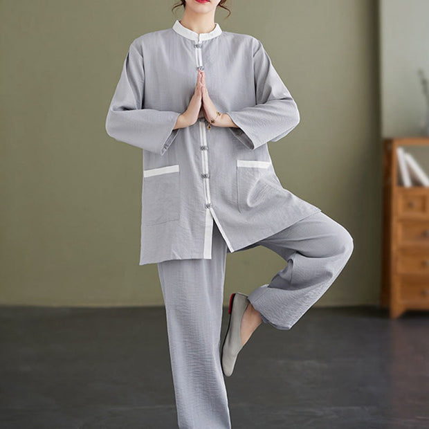 Buddha Stones 2Pcs Solid Color Long Sleeve Shirt Top Pants Meditation Zen Tai Chi Cotton Linen Clothing Women's Set Women's Meditation Cloth BS Gray(Top&Pants) 2XL(Bust 116cm/Waist 64-112cm/Hips 138cm)