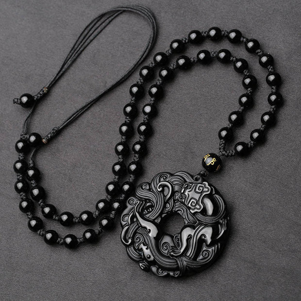 Buddha Stones Natural Black Obsidian Peace Buckle Pixiu Purification Necklace Pendant Necklaces & Pendants BS 3