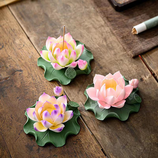Buddha Stones Lotus Flower Leaf Pod Spiritual Healing Ceramic Stick Incense Burner Decoration Incense Burner BS 1