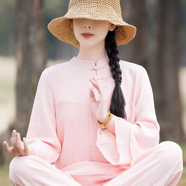Buddha Stones 2Pcs Plain Design Top Pants Meditation Yoga Zen Tai Chi Cotton Linen Clothing Women's Set Clothes BS 14