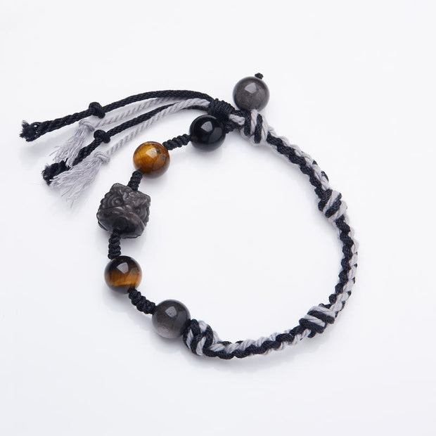 Buddha Stones Natural Fluorite Amethyst Silver Sheen Obsidian Tiger's Eye Protection Rope Bracelet