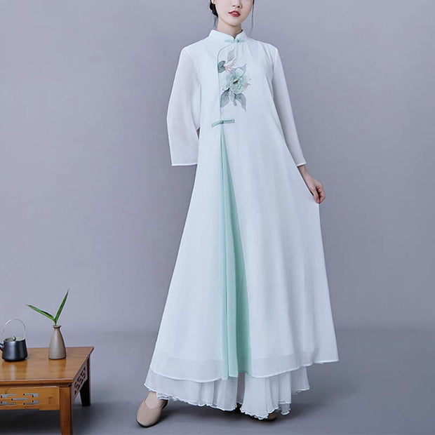 Buddha Stones 2Pcs Flower Three Quarter Sleeve Midi Dress Skirt Chiffon Zen Clothing Women's Set