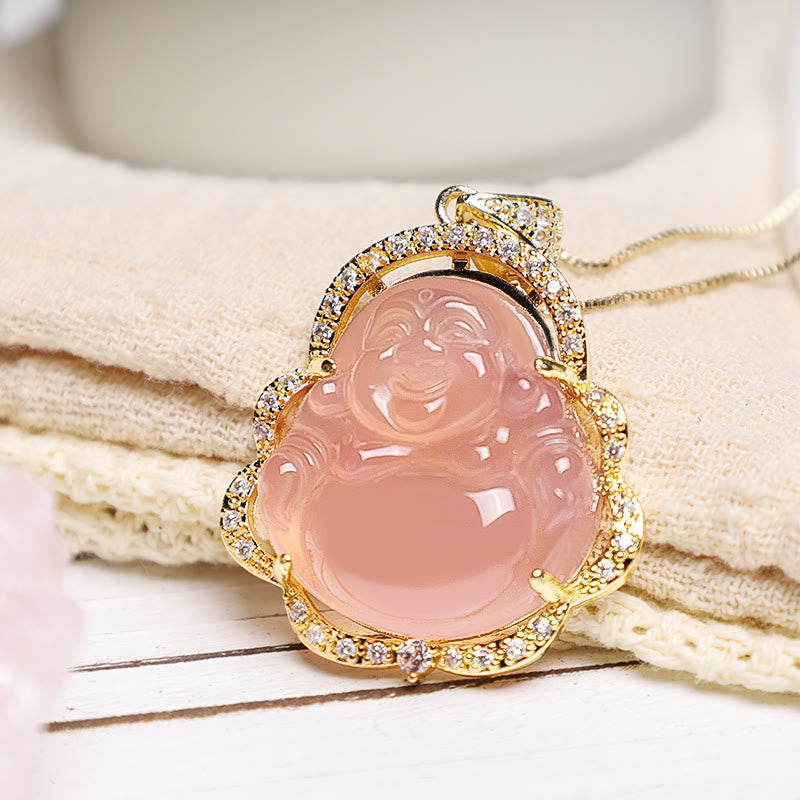 YIGEDAN Jade Laughing Buddha Pendant Necklace - Chalcedony Gemstone With Beaded Chain