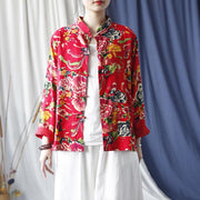 Buddha Stones Ethnic Red Flower Peony Frog-Button Cotton Linen Long Sleeve Shirt Jacket With Pockets 1